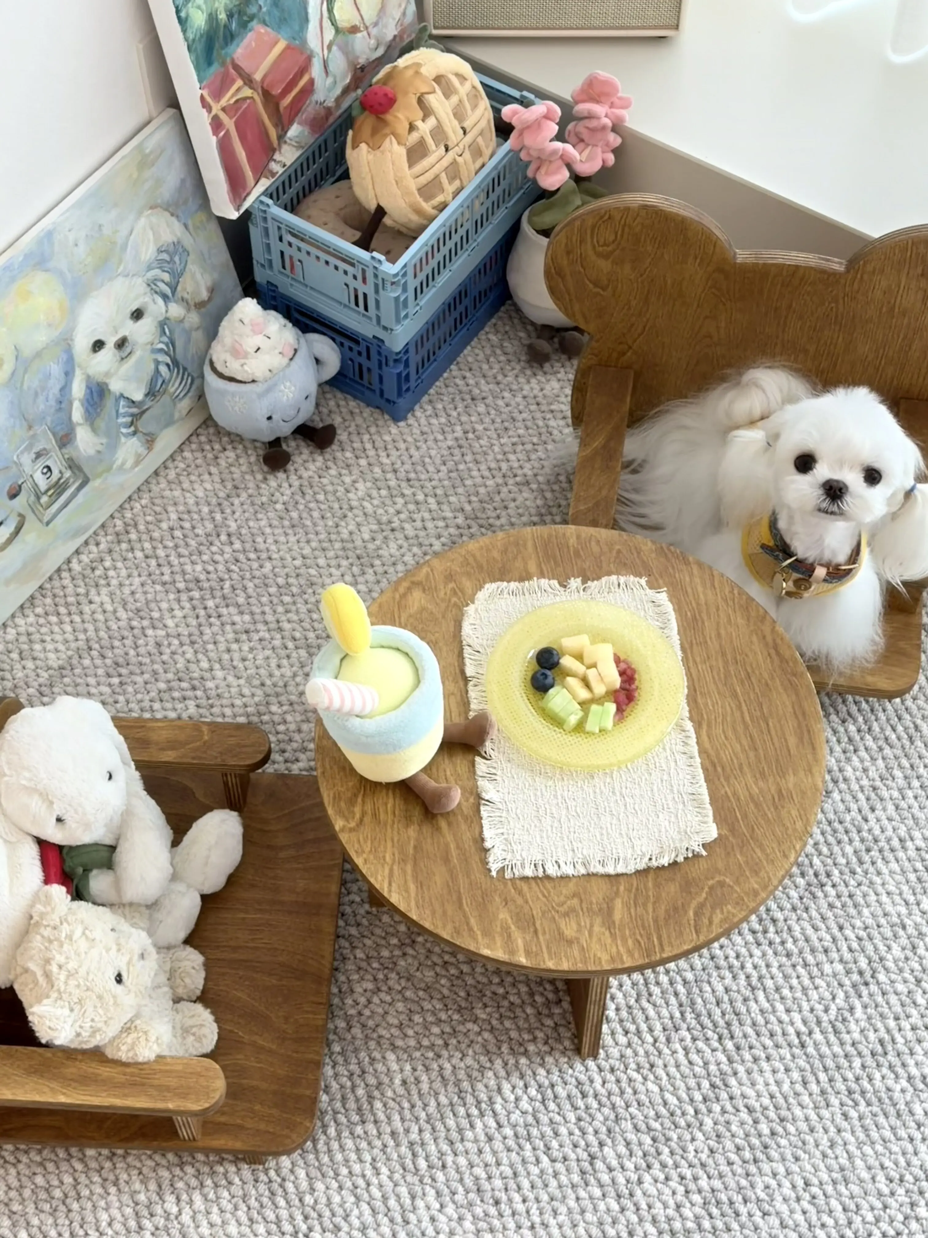 wooden pet furniture decoration in a customer's home - Vintage Round Pet Side Table and Mini Chair Set